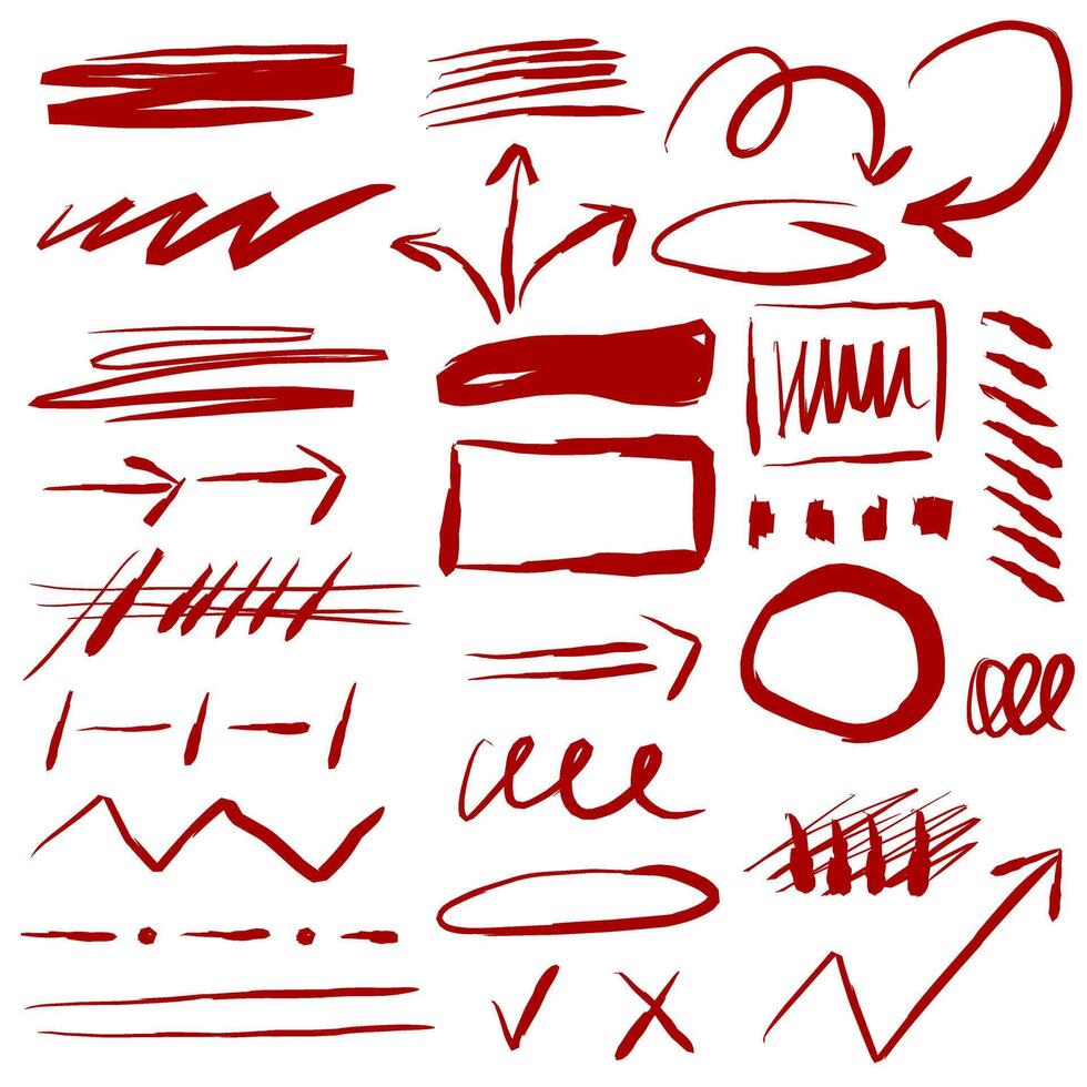 A group of brush-drawn arrows and frames and lines. Hand drawn red symbols for hand drawn diagrams. Drawing with marker. Lots of curved arrows, tick marks, crosses, circles and squares. vector