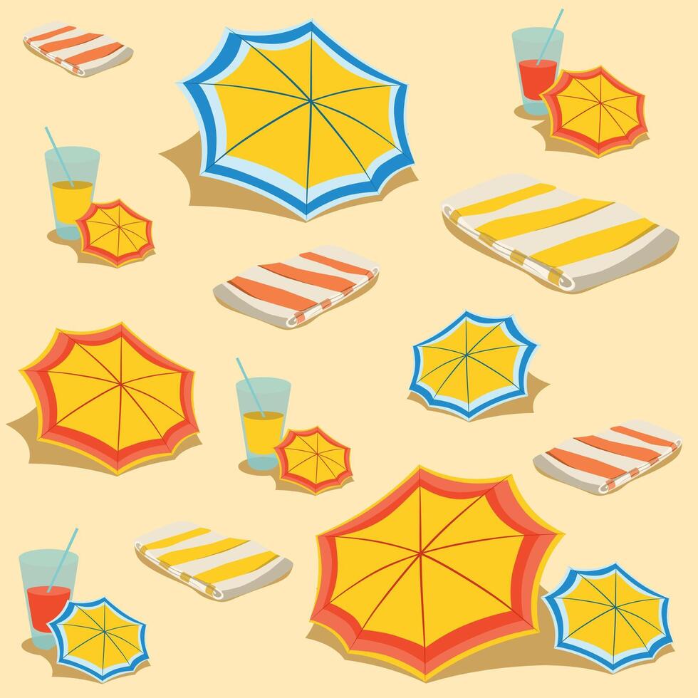 Seamless beach pattern. Beach umbrella and towel with drink in glass on sand. Flat design style. Summer background. illustration vector