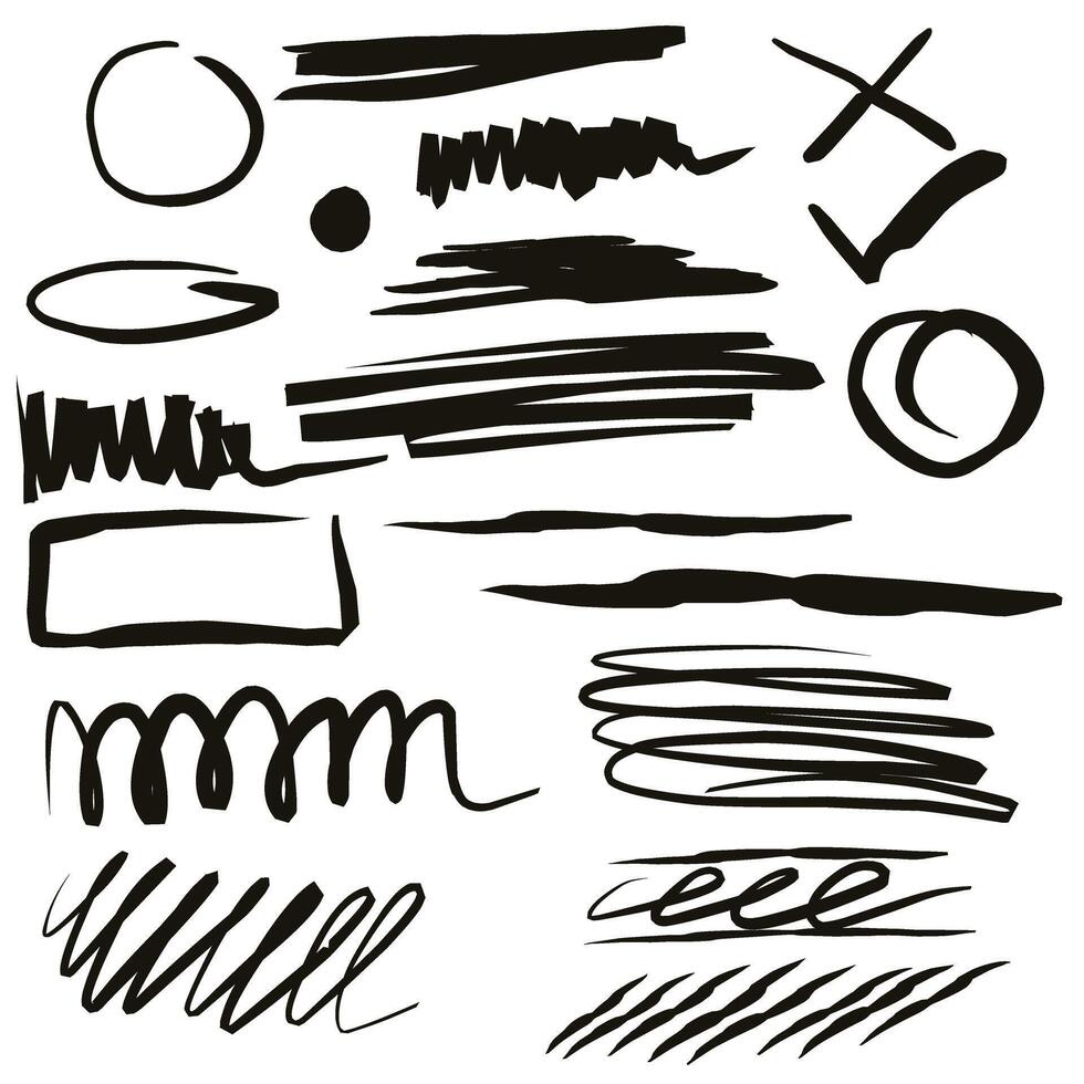 Pencil set of grunge strokes, circles, arrows, hearts, splatters, paint spots, pencil drawings and other creative designs. Perfect for prints, stickers, collages, labelling. vector