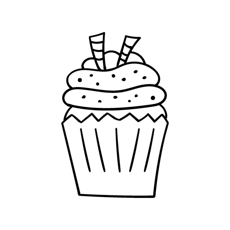 Hand drawn festive cupcake with cream, in doodle style vector