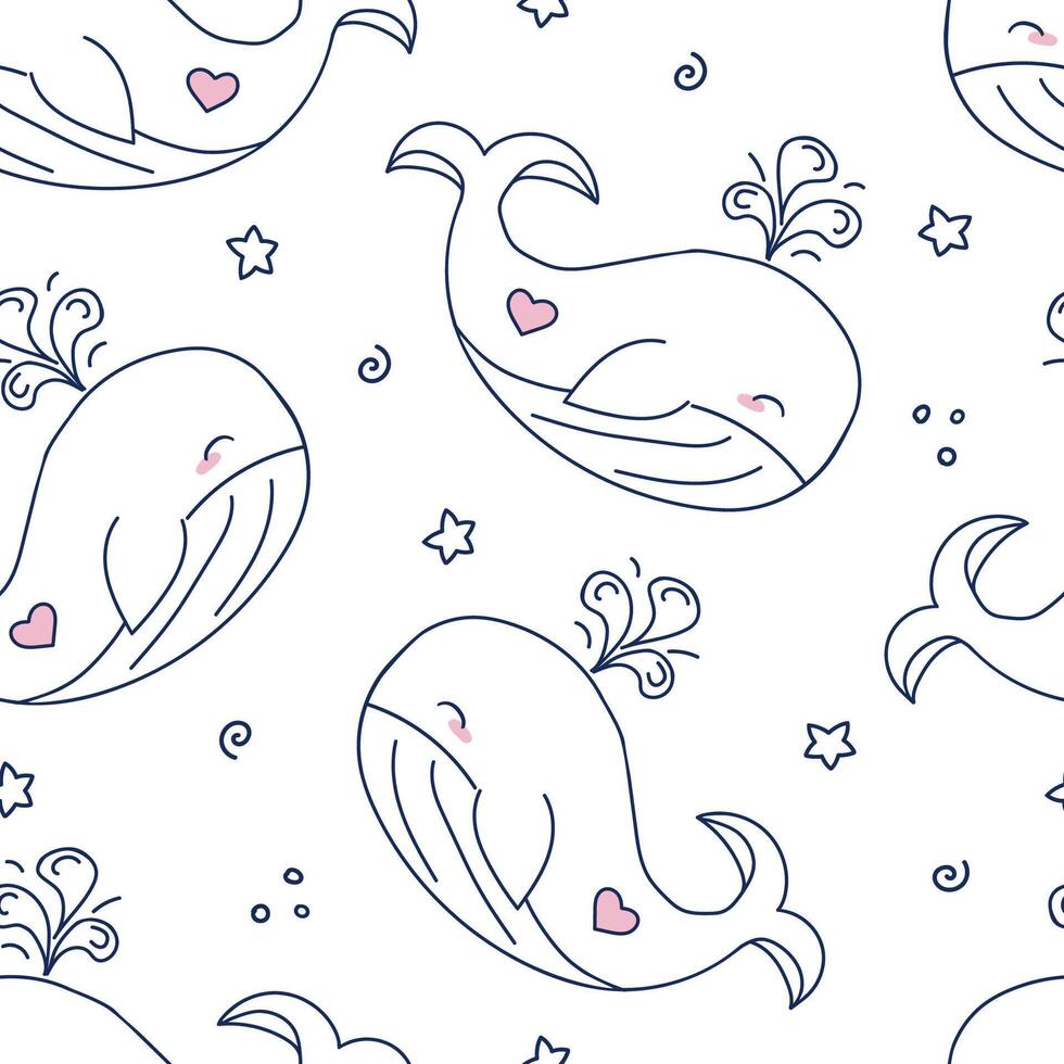 Seamless baby pattern with cute whale hand drawn in doodle style, with stars and bubbles. The pattern is included in the Swatches panel vector