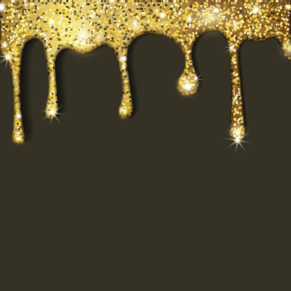 Glittering golden paint drips on dark background vector