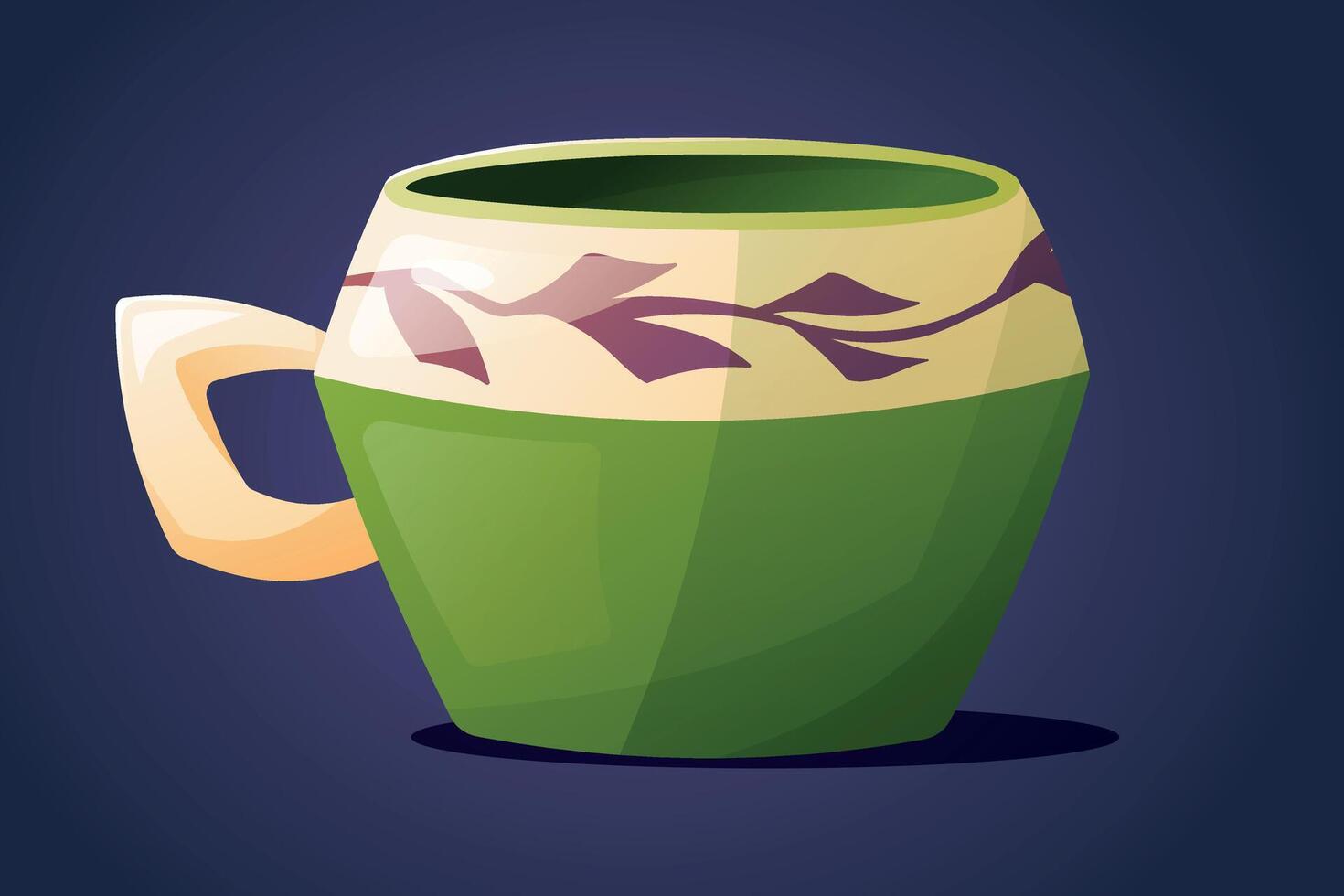 Green decorated ceramic cup for tea or coffee. isolated cartoon illustration, porcelain mug, beautiful tableware. vector
