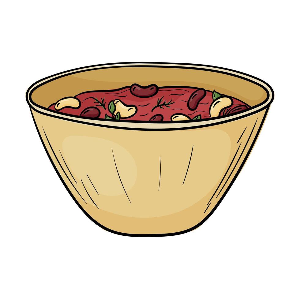 doodle illustration of spicy mexican food. Bowl of bean soup isolated on white. vector