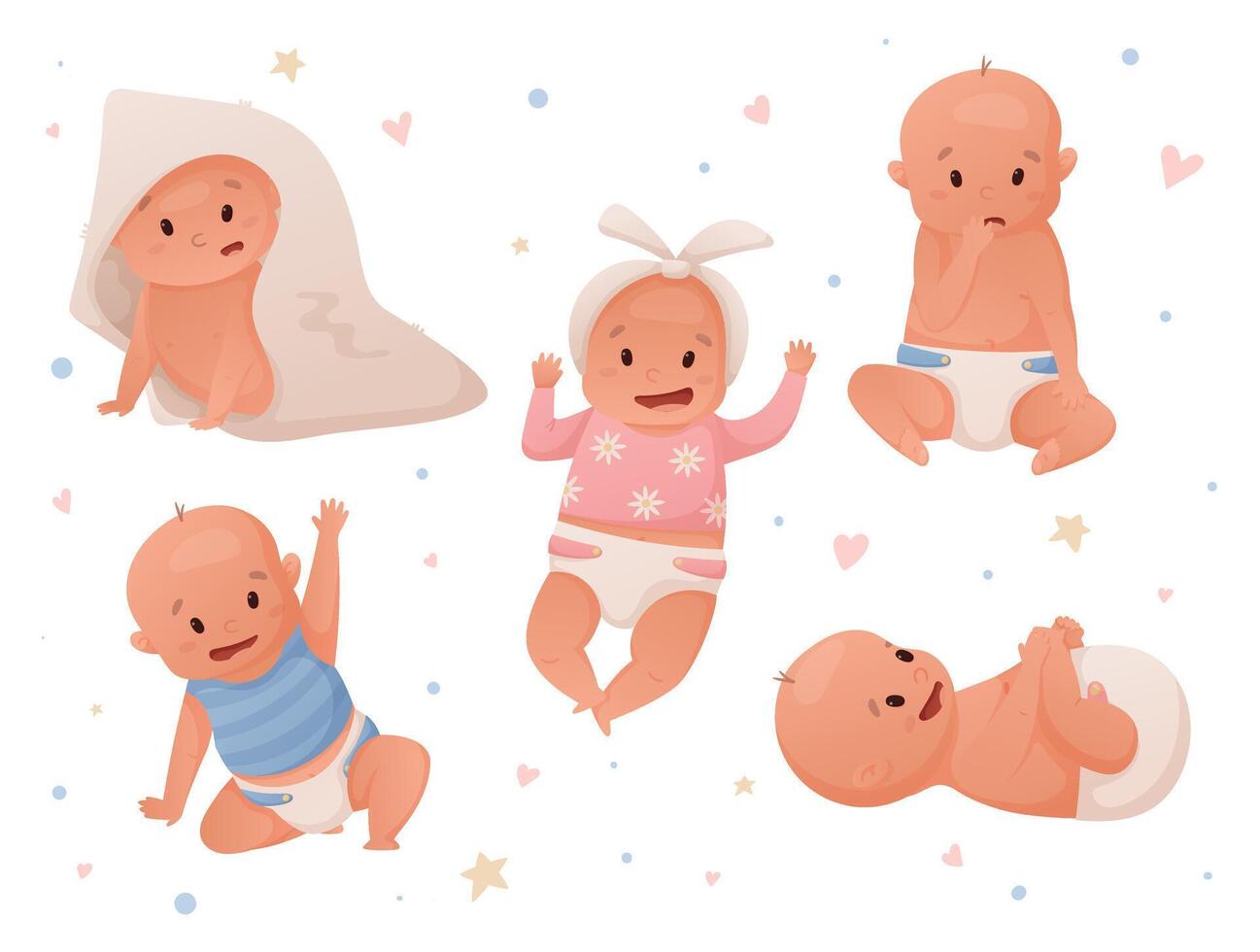 conjunto de aislado ilustraciones de recién nacido bebés muchachas y Niños en pañales vector