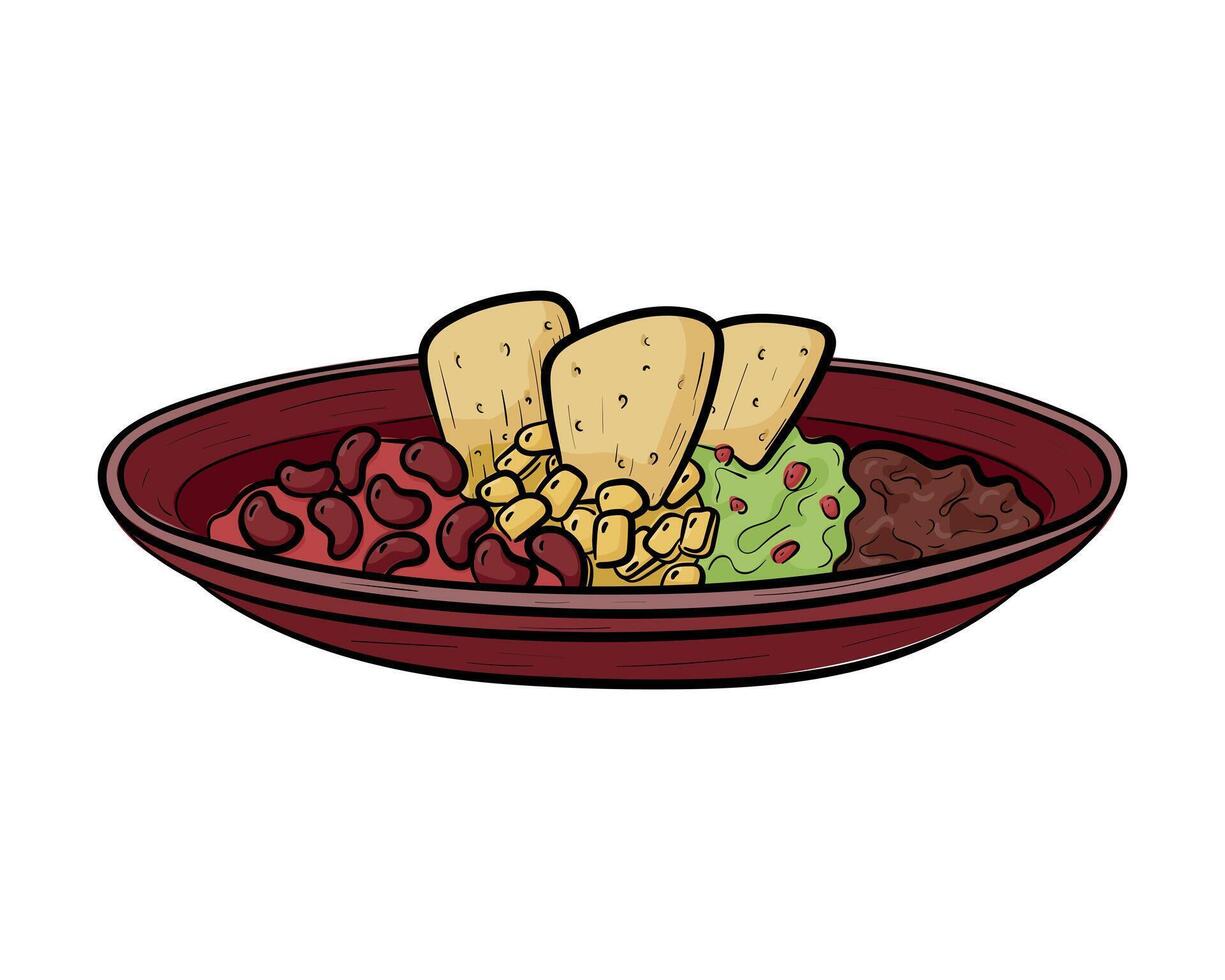 doodle illustration, dish with mexican spicy appetizer of beans, corn, guacamole and nachos isolated on white. vector