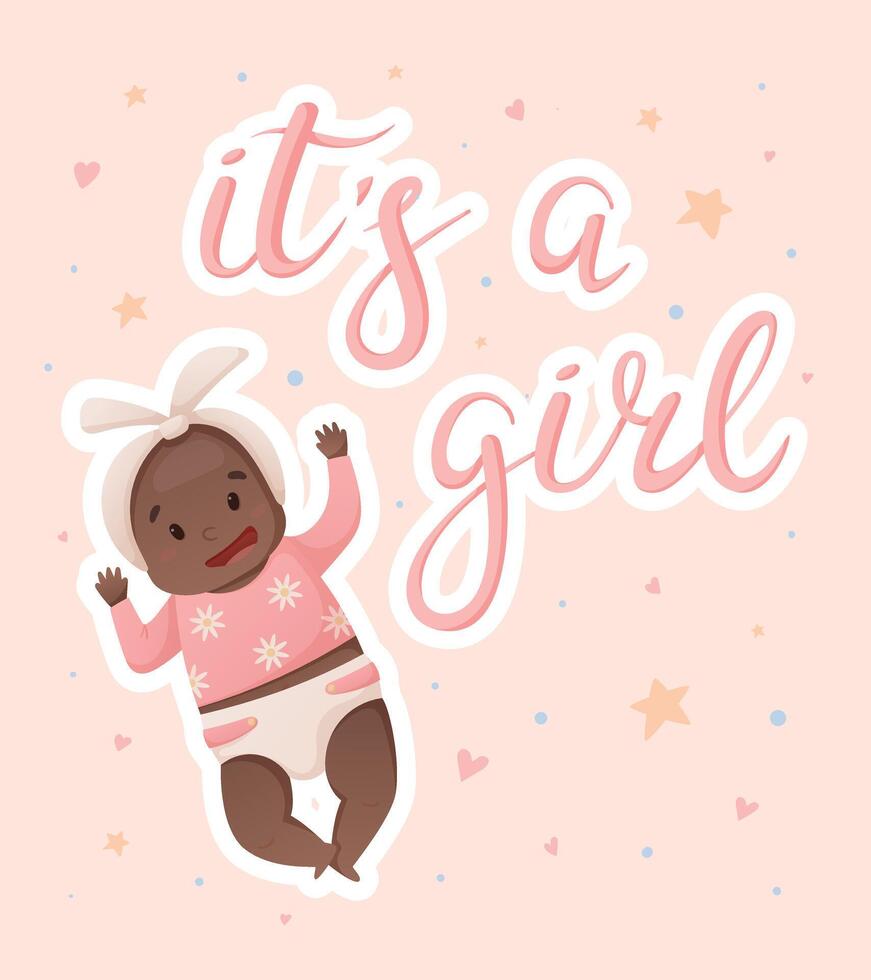 illustration of a newborn African American baby in a diaper. Postcard or banner with lettering it's a girl. vector