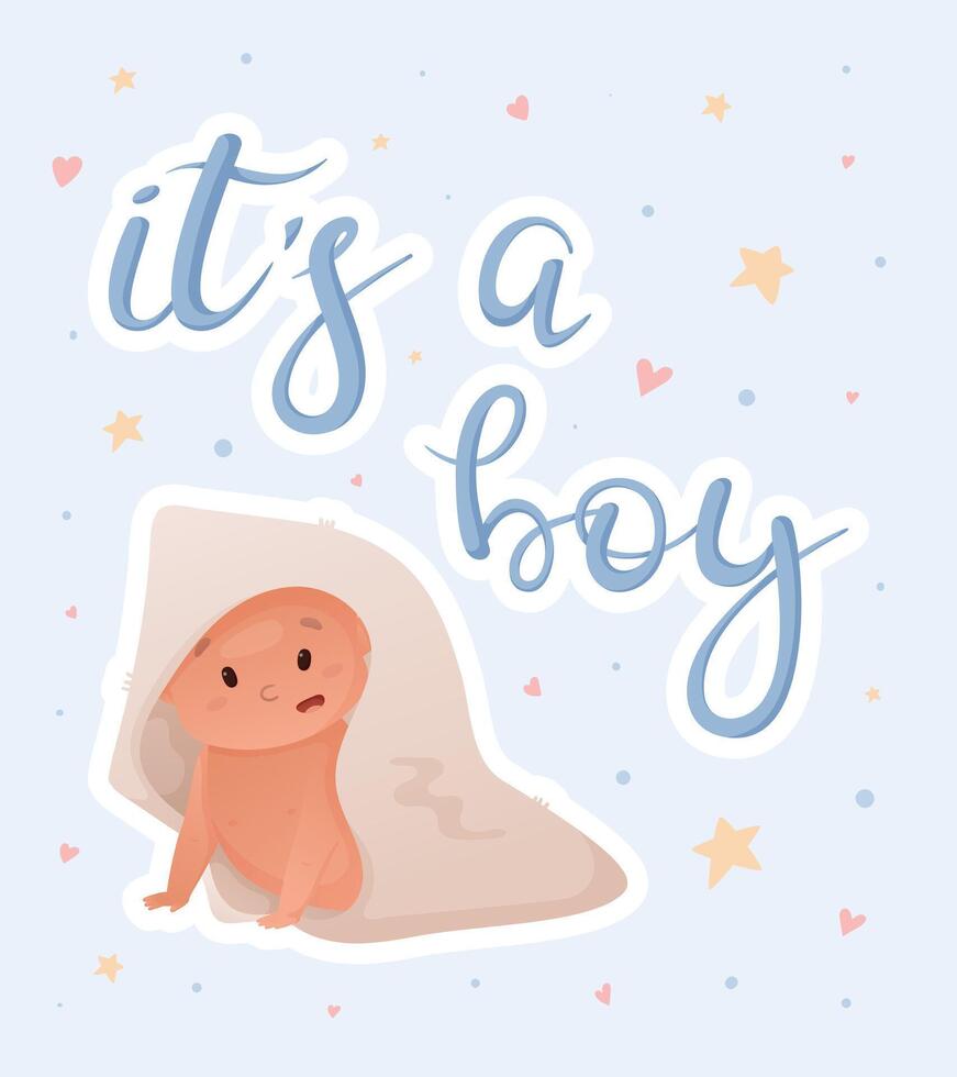 template with newborn baby and lettering its a boy. Festive postcard for gender party. vector