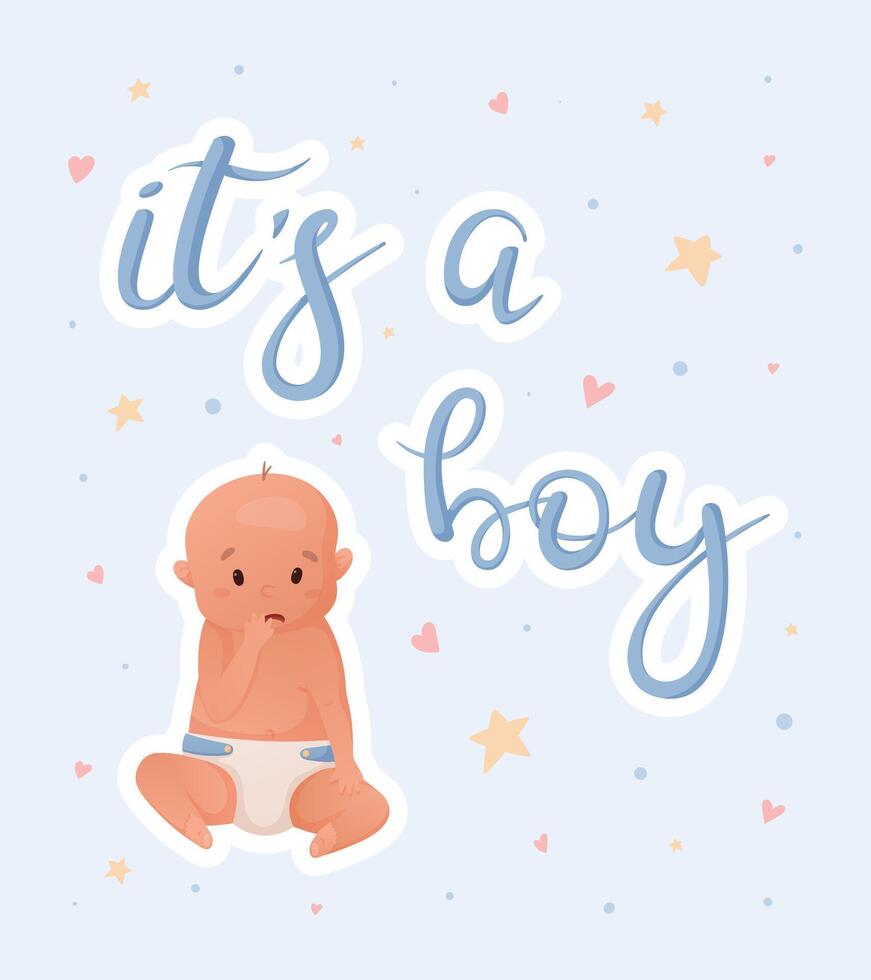 postcard or banner with a newborn boy and lettering inscription it's a boy. vector