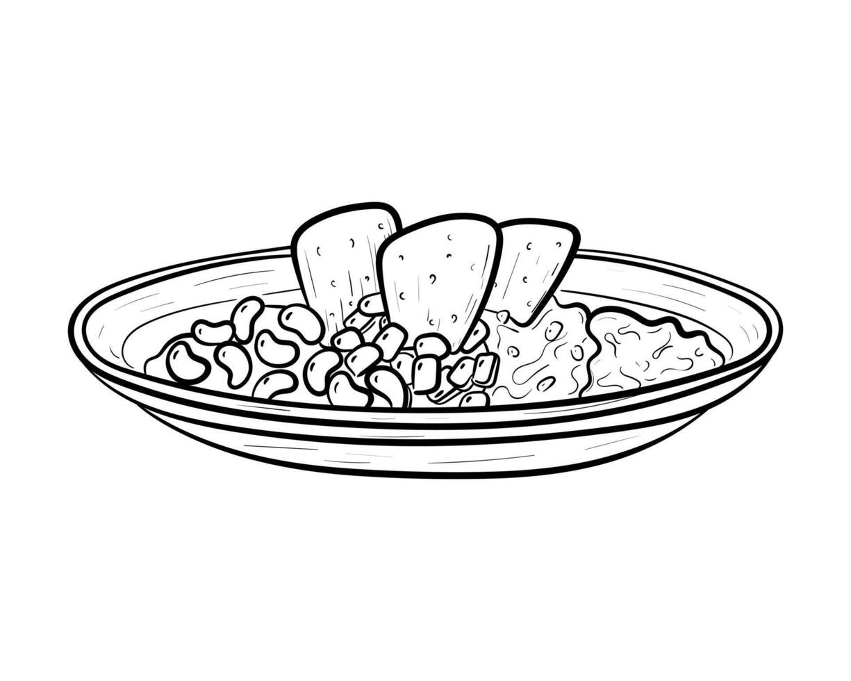 doodle illustration, dish with mexican spicy appetizer of beans, corn, guacamole and nachos isolated on white. vector