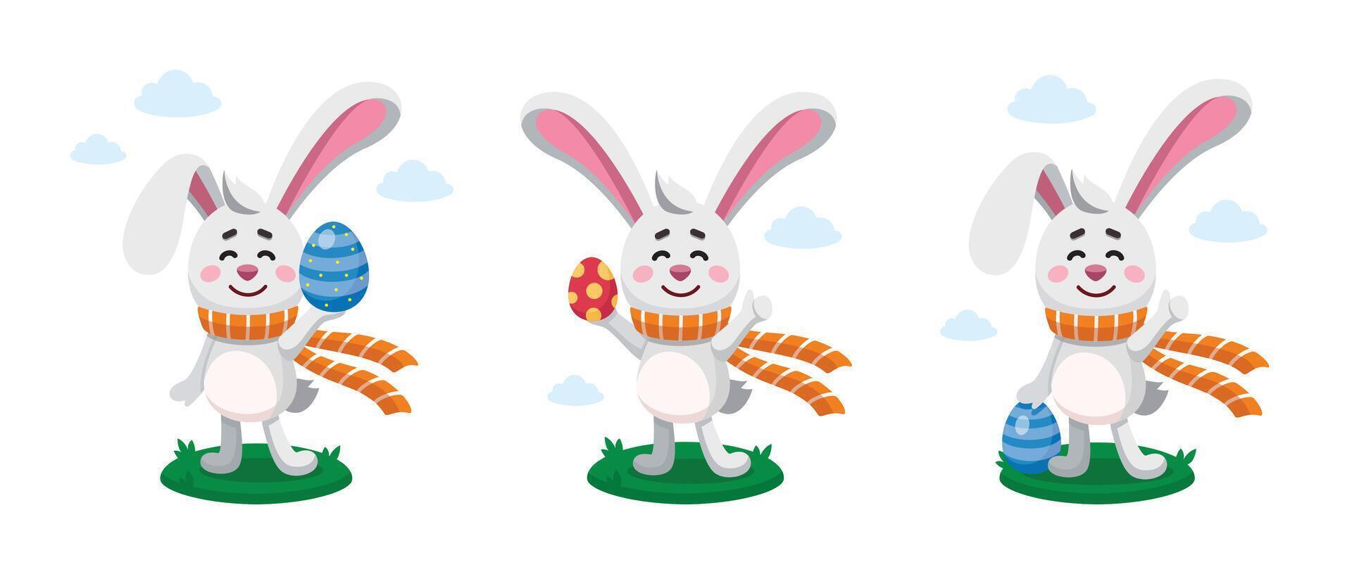 Easter rabbit, bunny, hare shows Thumb Up Sign and hold Easter egg. Egg hunt collection. Easter illustrations set. Flat design. Cartoon style. Easter character, mascot. Egg hunt concept vector