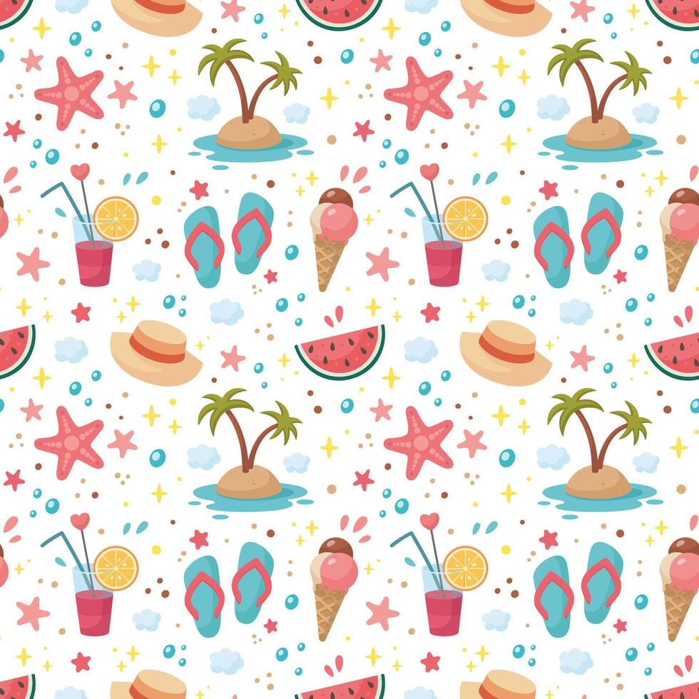 Summer seamless pattern. Beach vacation. Summertime fabric. Beach holidays texture. Cartoon style, Beach party illustration. Flat design. Summer sea vacation concept vector