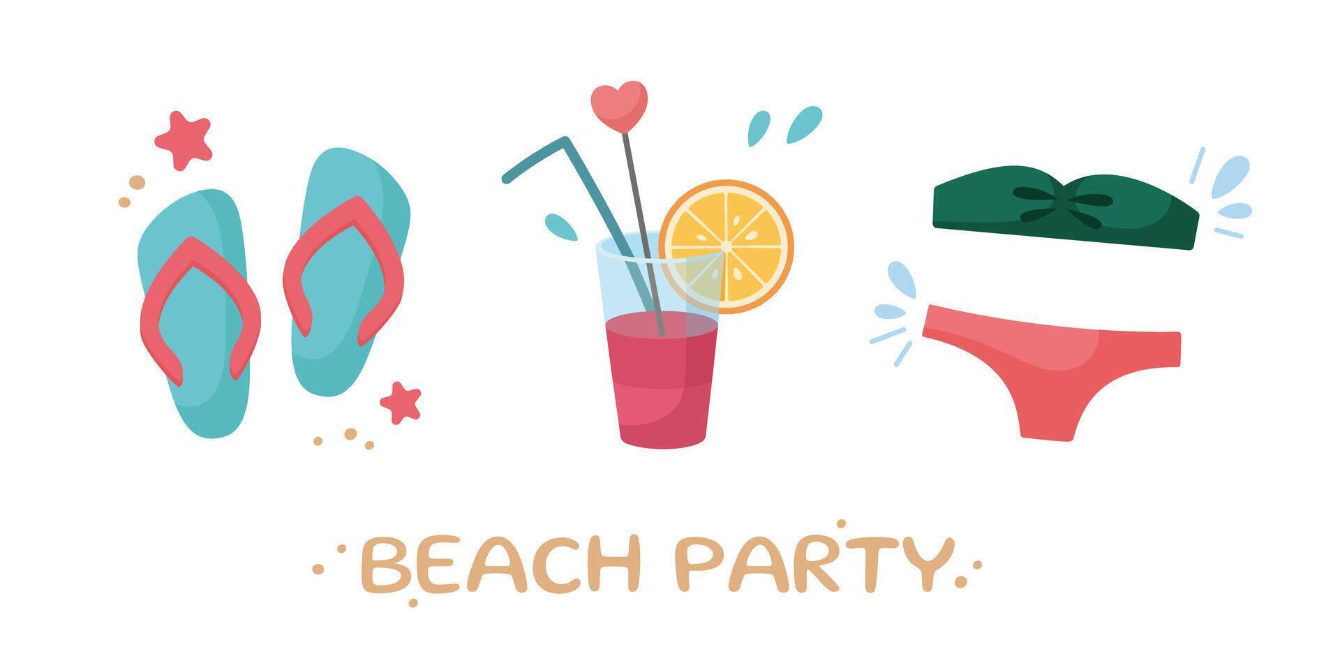 Beach party banner. Cute summer icons collection. Summertime elements. Beach games icons. Beach holidays elements. Cartoon illustration. Flat design. vector