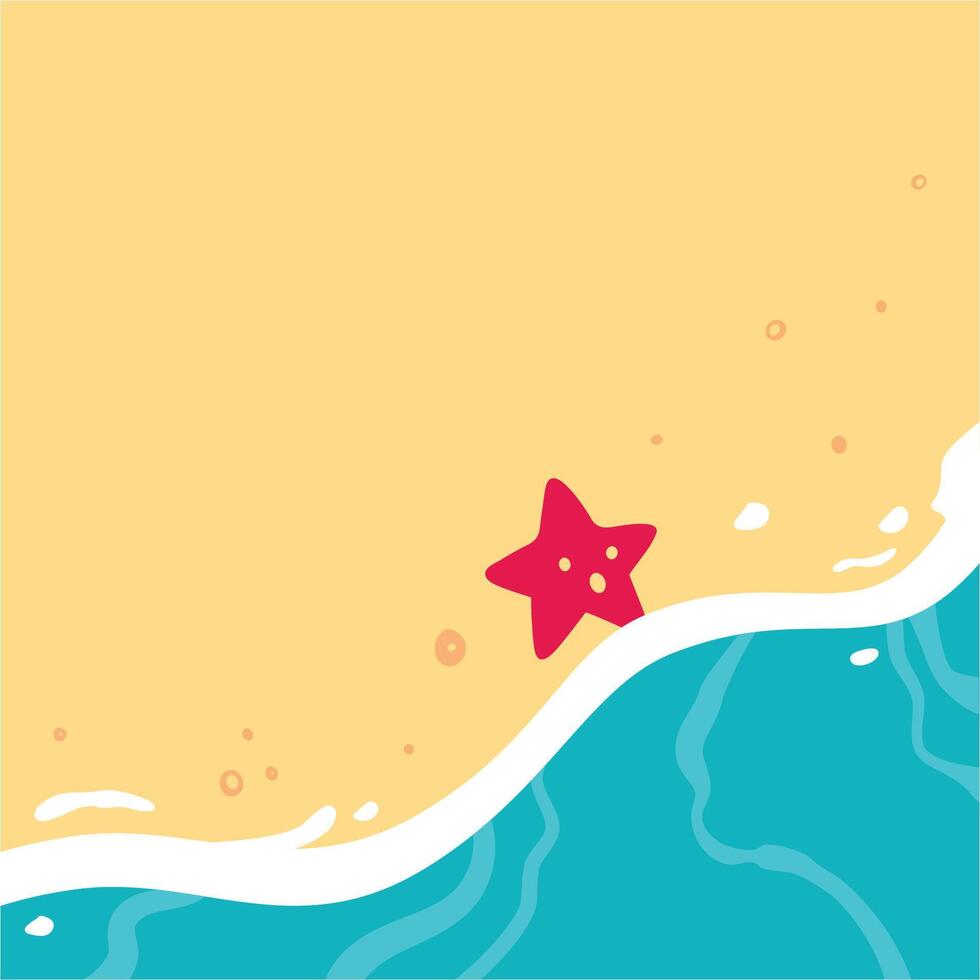 Copy space Sandy beach with sea wave and starfish. Summer banner template, summertime background. Summer design template, illustration. Vacation concept vector