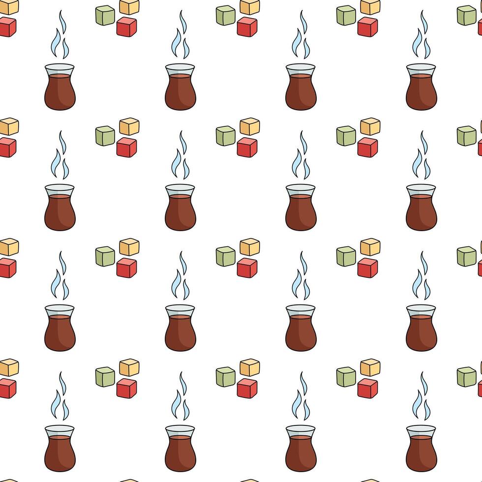 Seamless pattern with Turkish tulip shaped teacup and Turkish Delight. Traditional elements of Turkish culture. Texture with Turkish national tea party. Pattern illustration, white background. vector