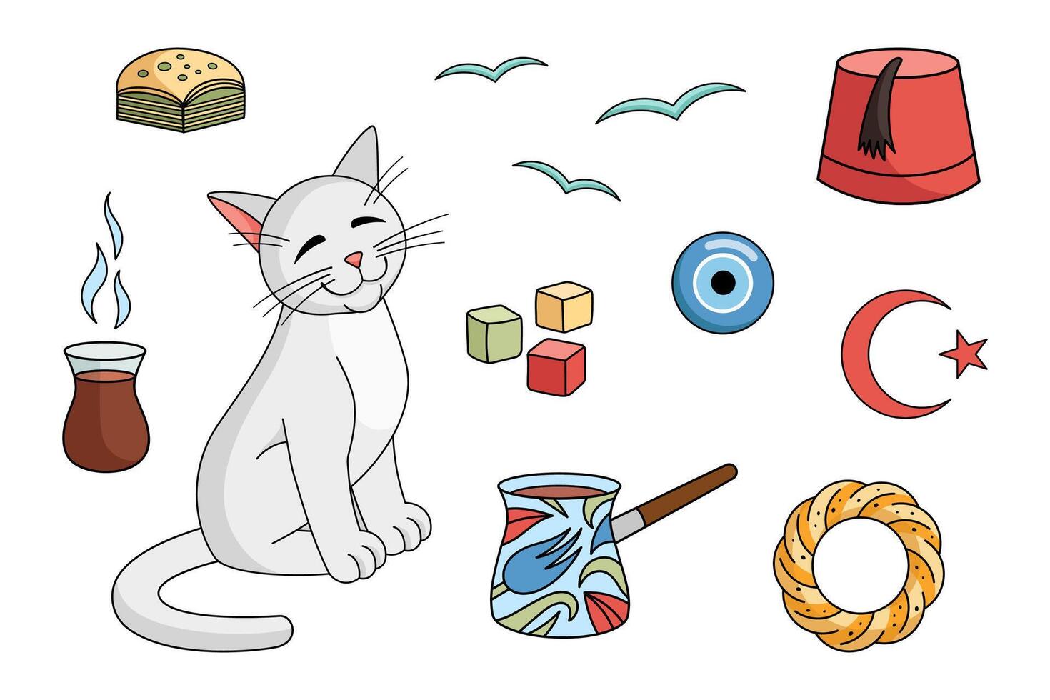 Turkish culture elements set - Cezve, tea cup, baklava, bagel, star and crescent, angora cat, delight, amulet, seagull, fez. Turkish angora cat character with Turkish cup of tea. vector