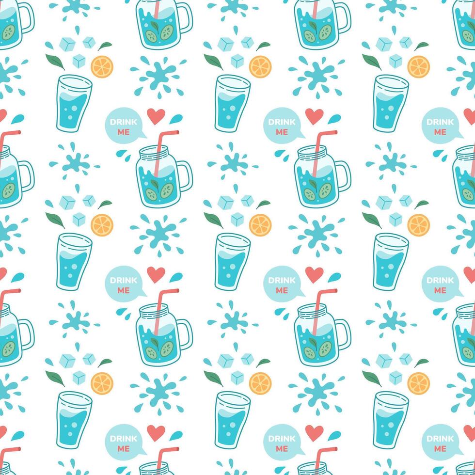 World water day seamless pattern. Drink more water concept pattern. Drinking water in glass, jug. Zero waste concept. Detox texture illustration. vector