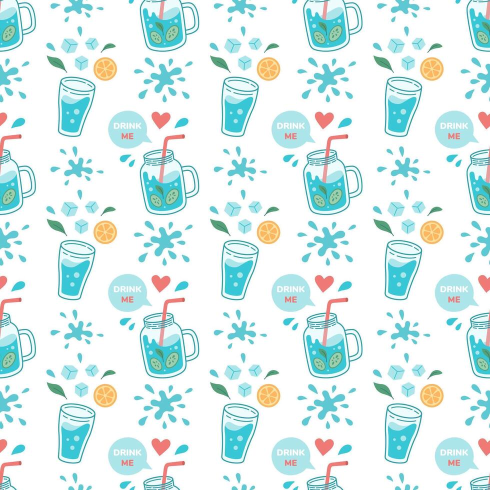 World water day seamless pattern. Drink more water concept pattern. Drinking water in glass, jug. Zero waste concept. Detox texture illustration. vector