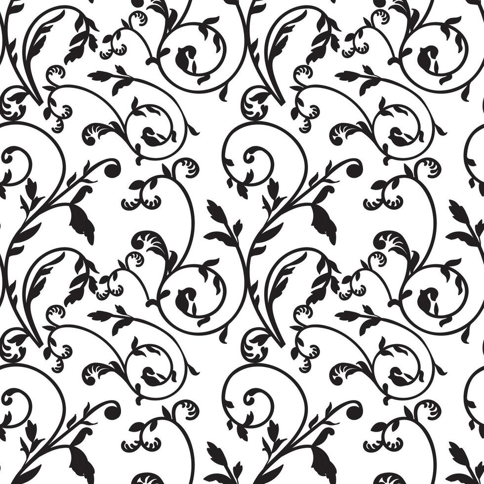 Seamless pattern with flowers and swirls. Black silhouette on white background. ornament. illustration vector