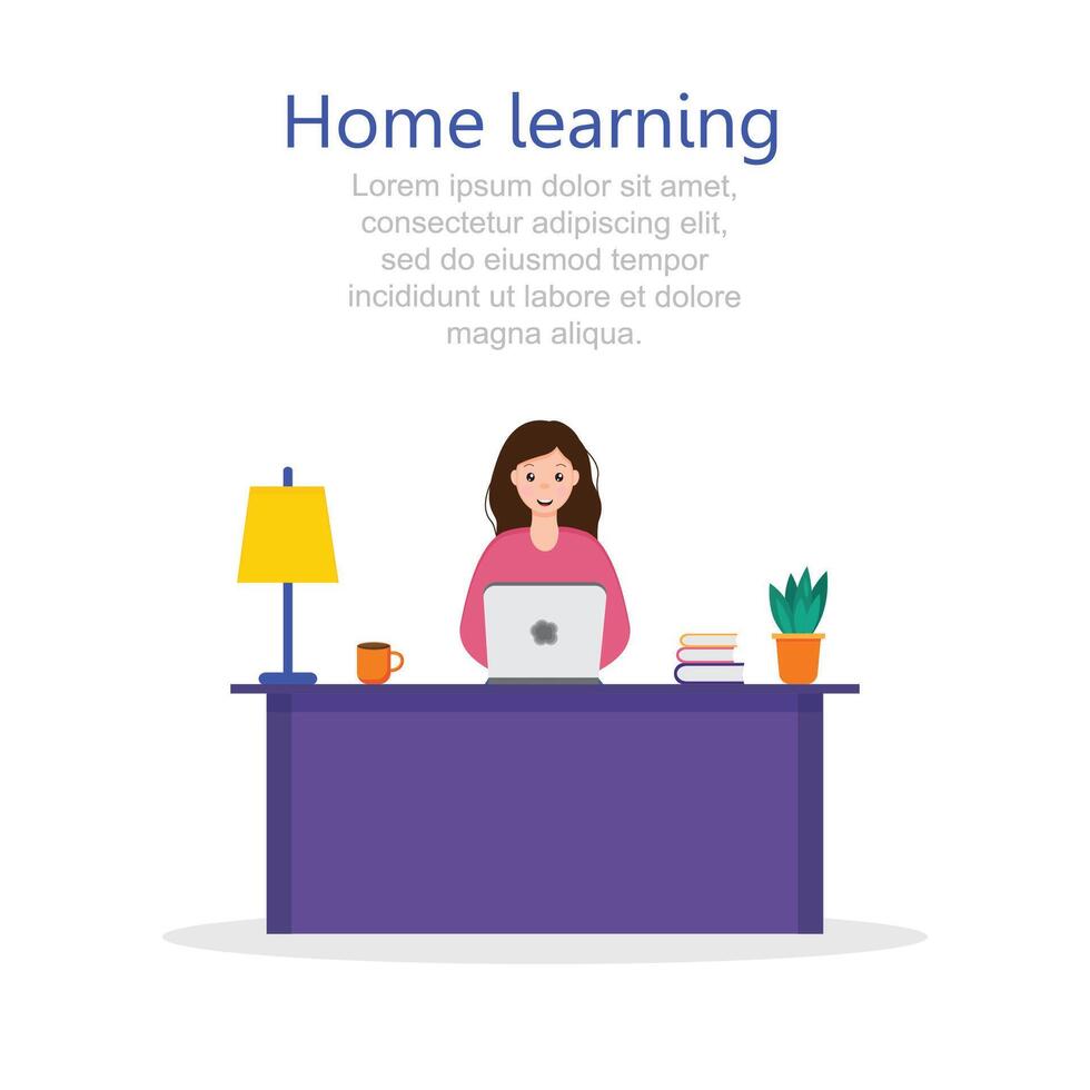Student Learning Online at Home. Character Sitting at Desk, Looking at Laptop and Studying, Books and Exercise Books. Online Education Concept. Flat Isometric vector
