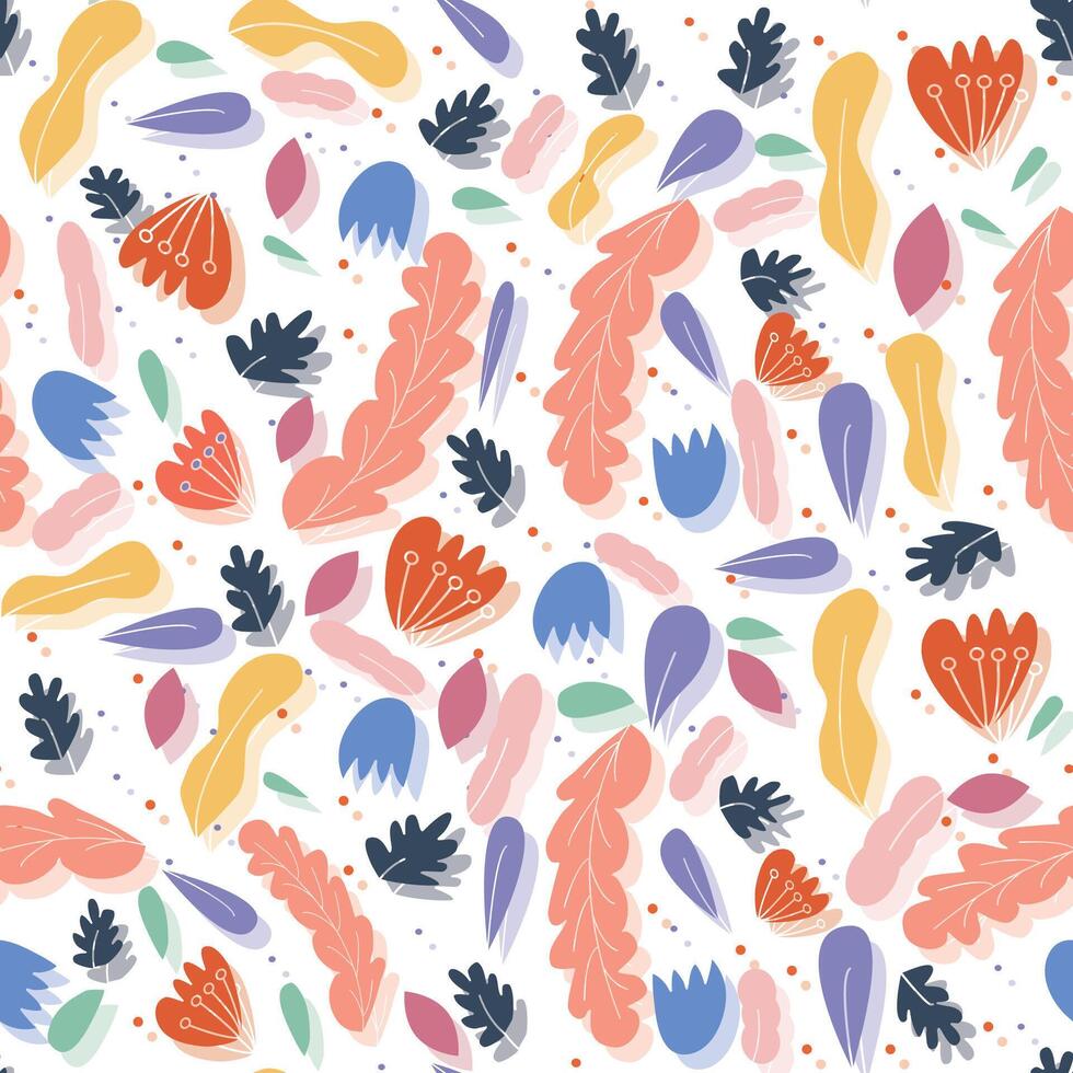 Abstract pattern with bright shapes or signs and leaves on a white background. vector