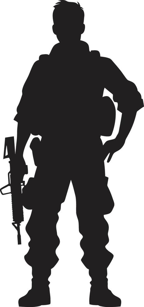 Strategic Precision Elegant Black for Soldier Holding Gun Combat Guardian Soldier with Gun Black in Elegant Style vector