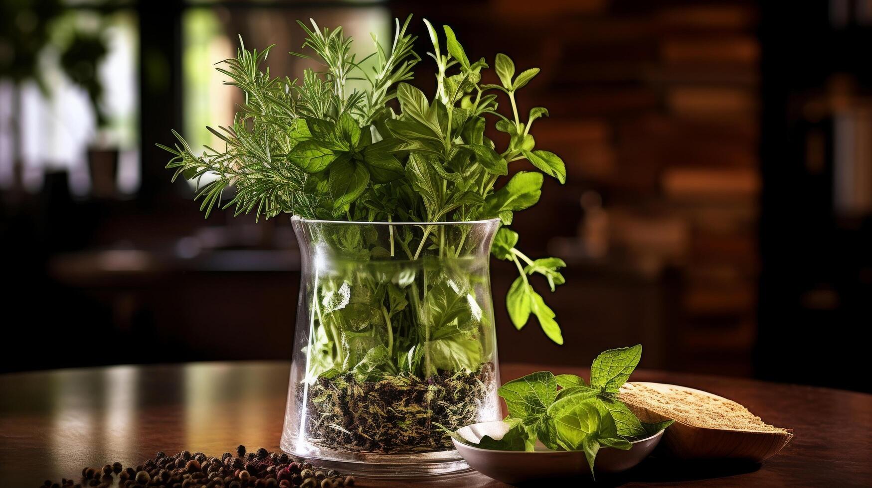 Glass vase with freshly cut herbs and spices photo