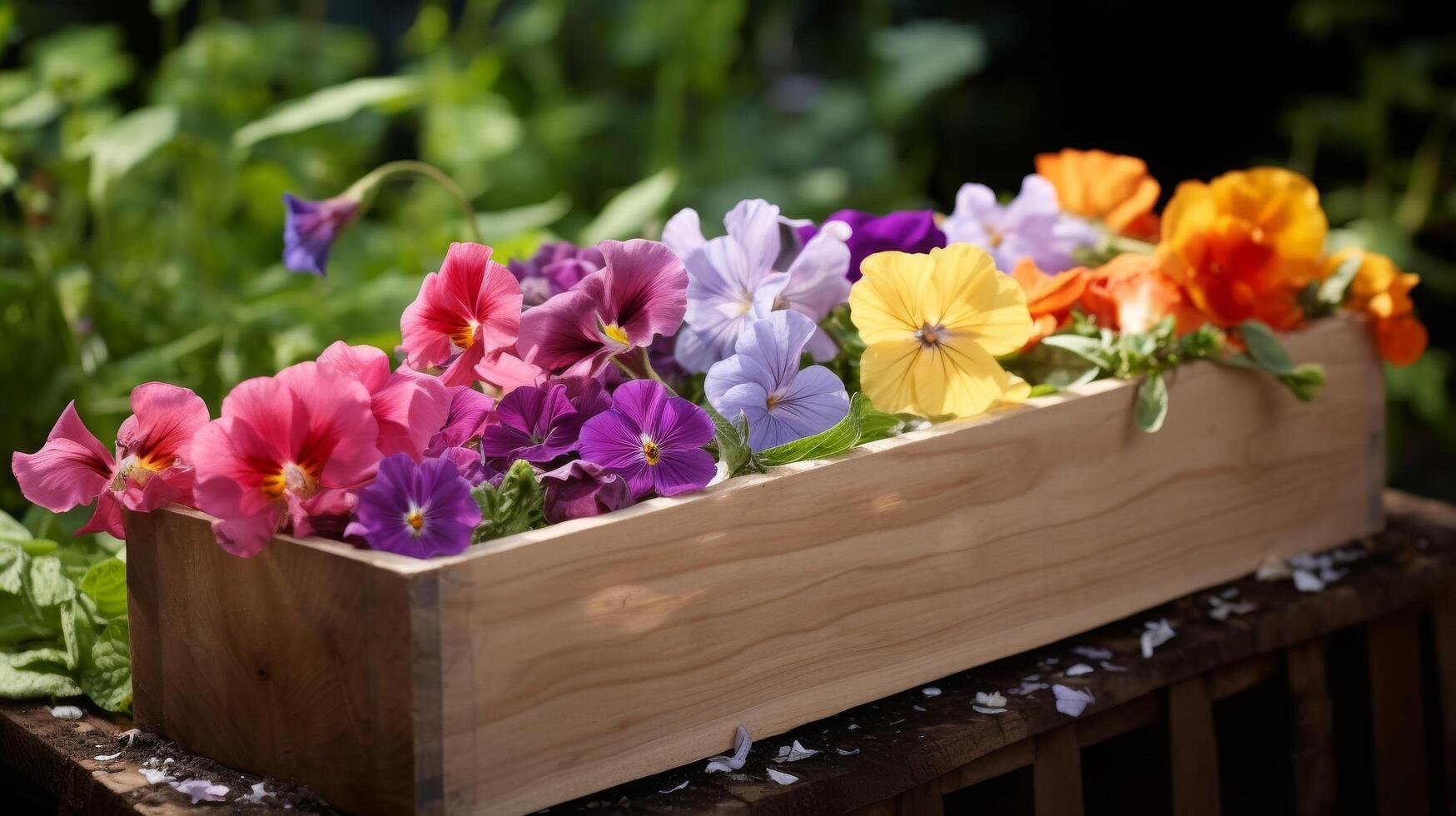 Edible flower petals in wooden trough photo