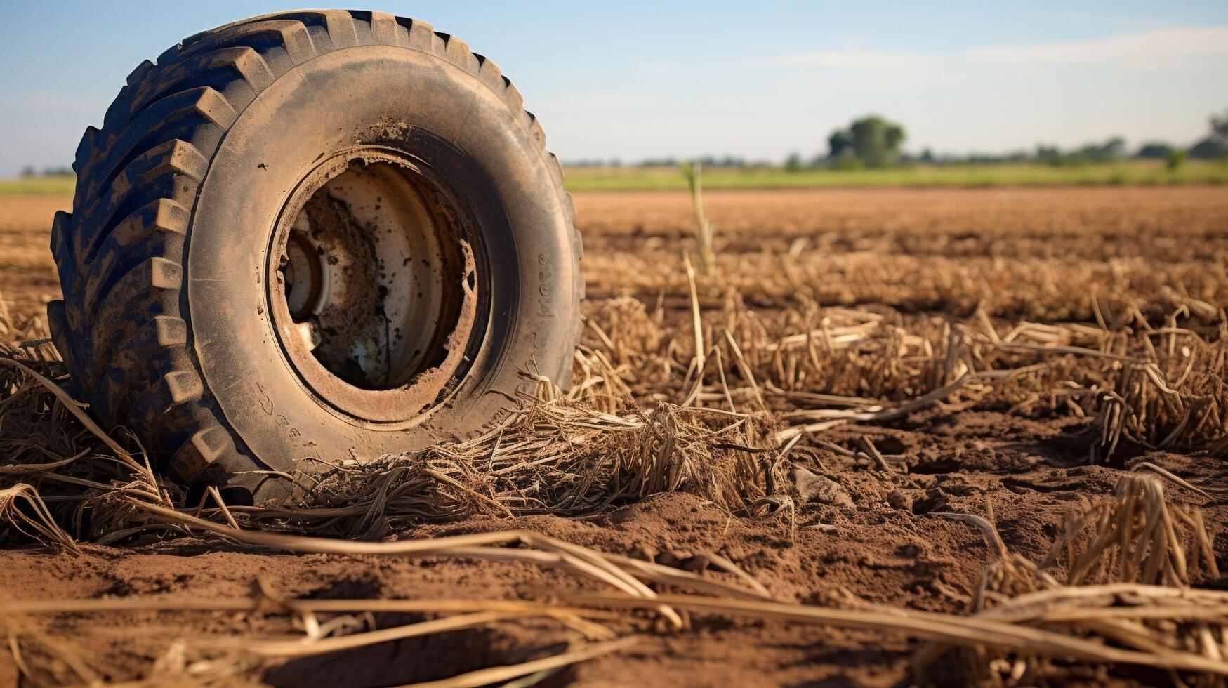 Aged farm tire in rural landscape photo