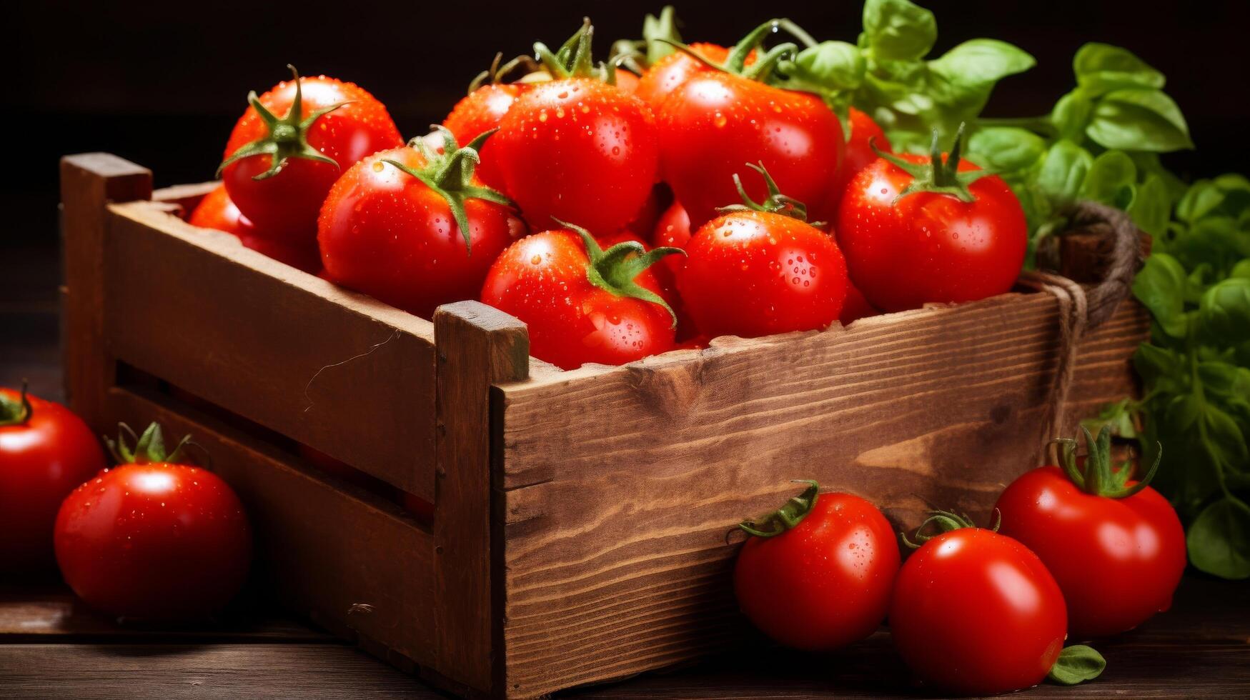 abundante Tomates en rústico de madera caja foto