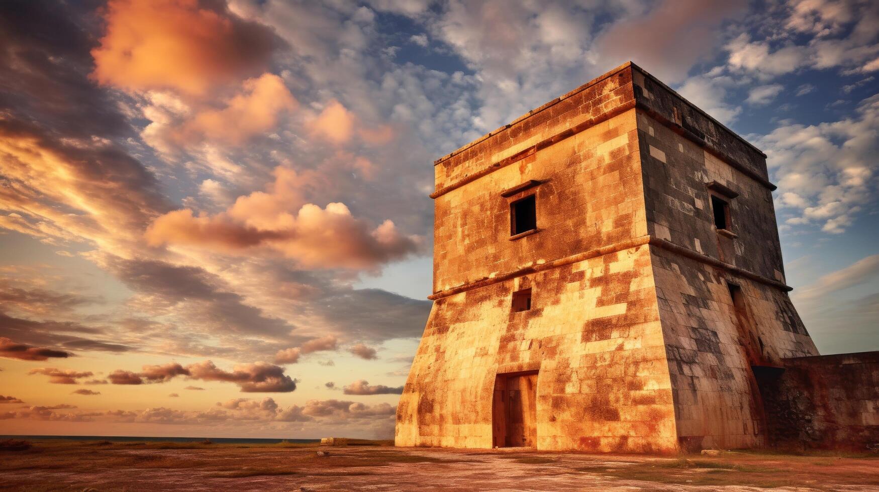 Tower of ancient fort set against colorful sky photo
