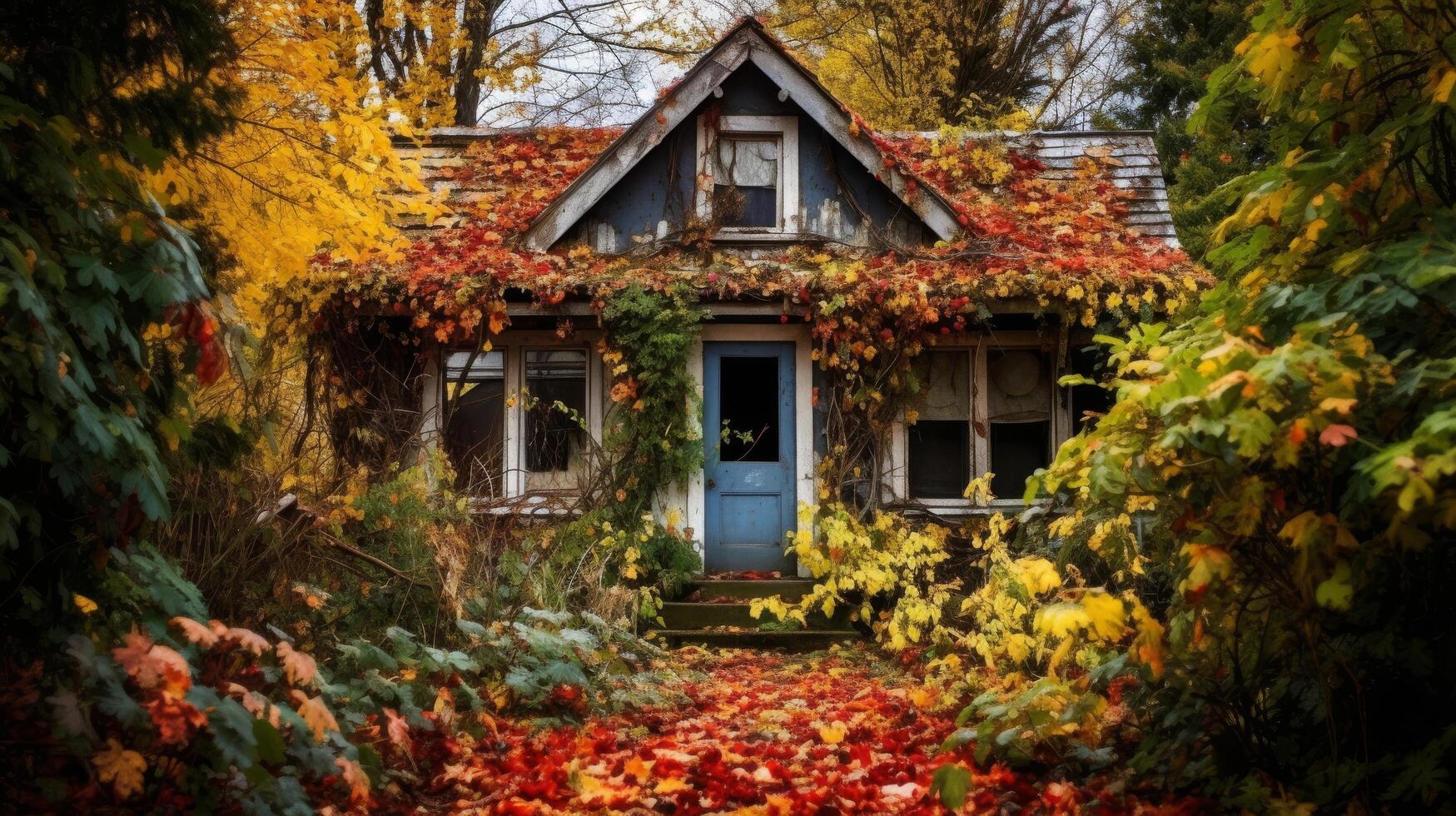 Cottage engulfed in autumn foliage photo