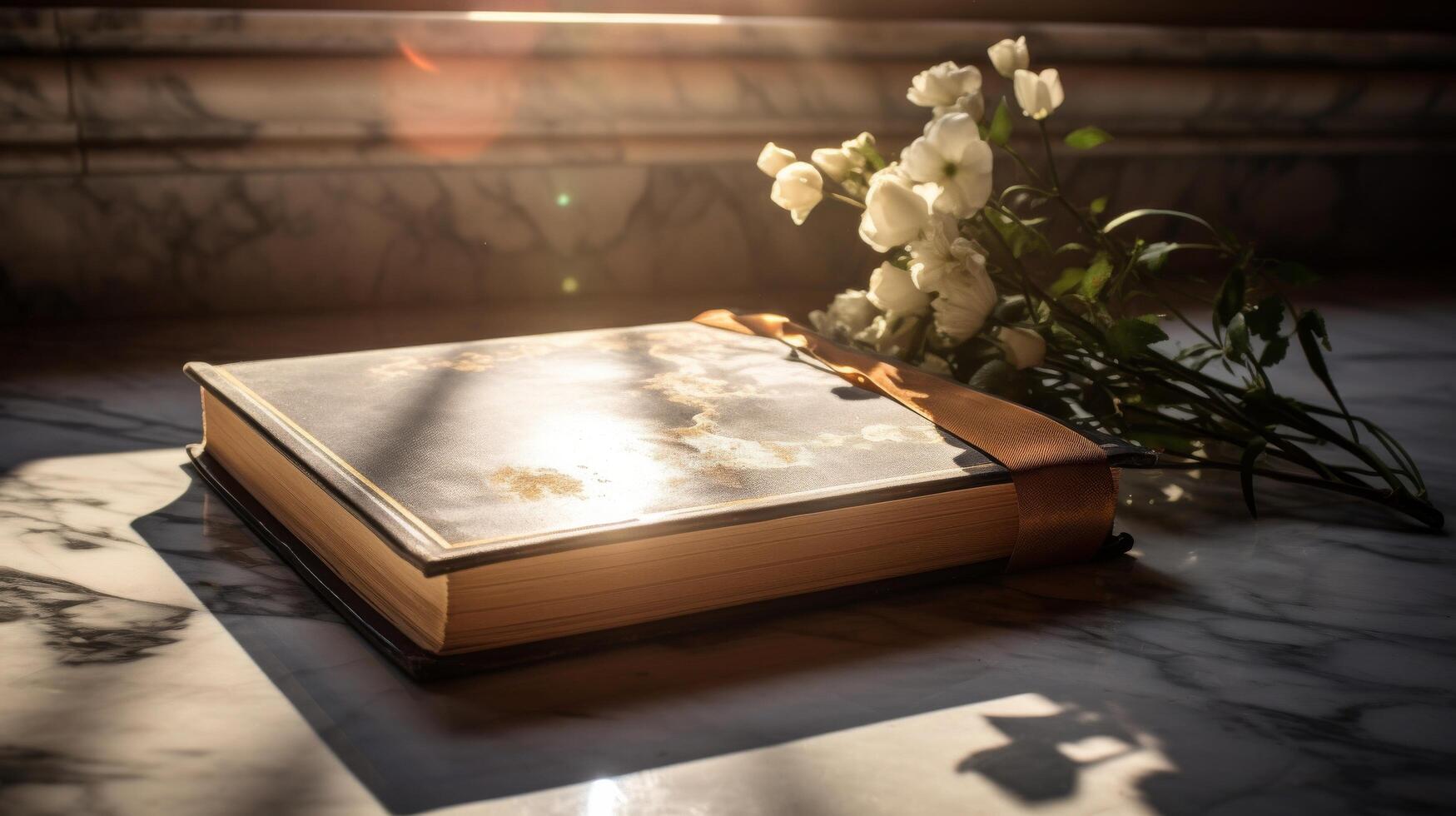 Book on marble with dramatic lighting photo