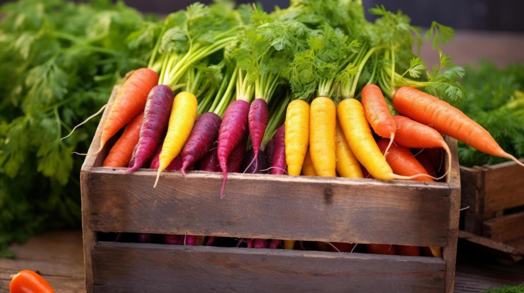 Weathered wooden box with vibrant carrots photo