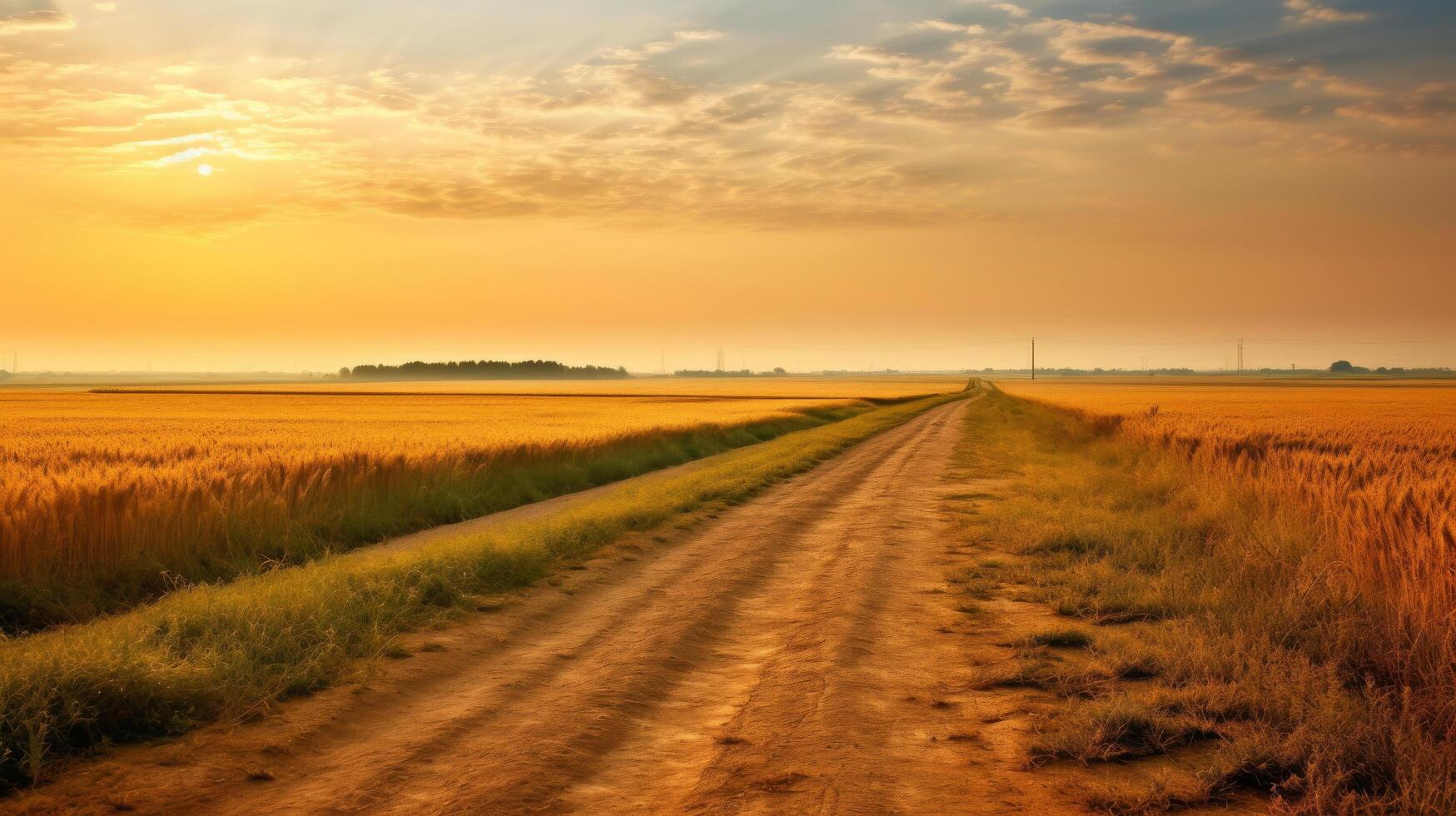 Pathway amidst golden wheat with dust photo