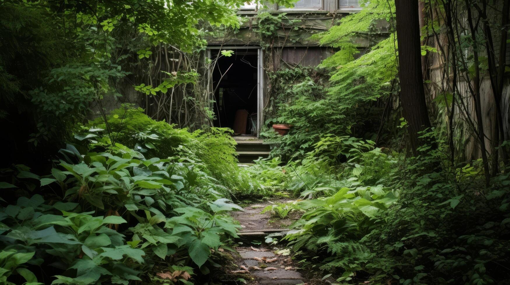 Secluded garden overgrowth serene yet wild photo