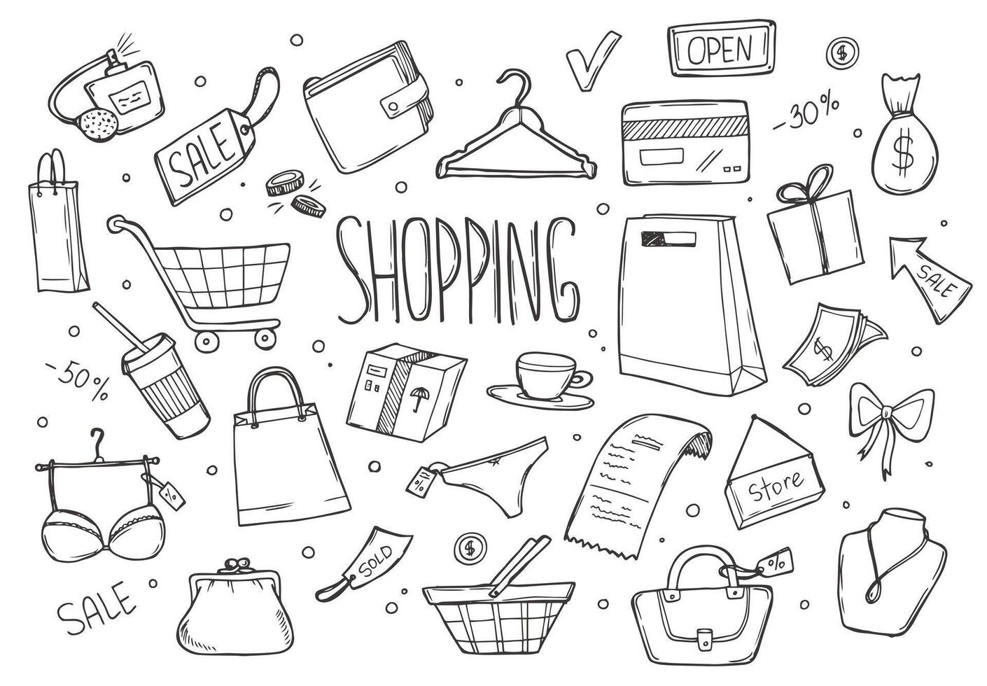 Shopping retail sale and discount doodle set isolated illustration isolated vector