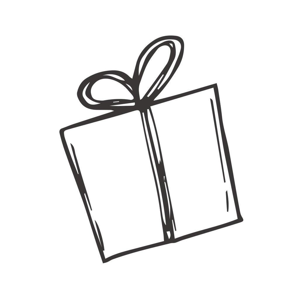 Simple line gift with bow. box, outline, comic, monochrome, christmas, birthday, present. vector