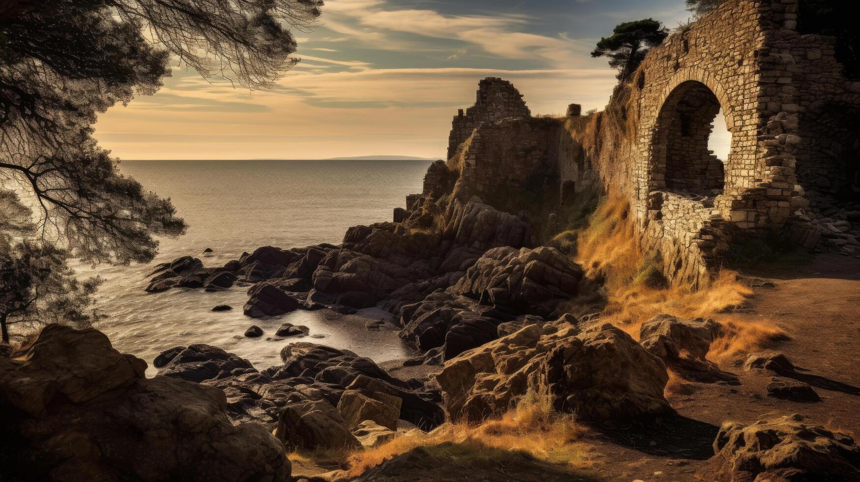 Dilapidated castle on the coastline photo