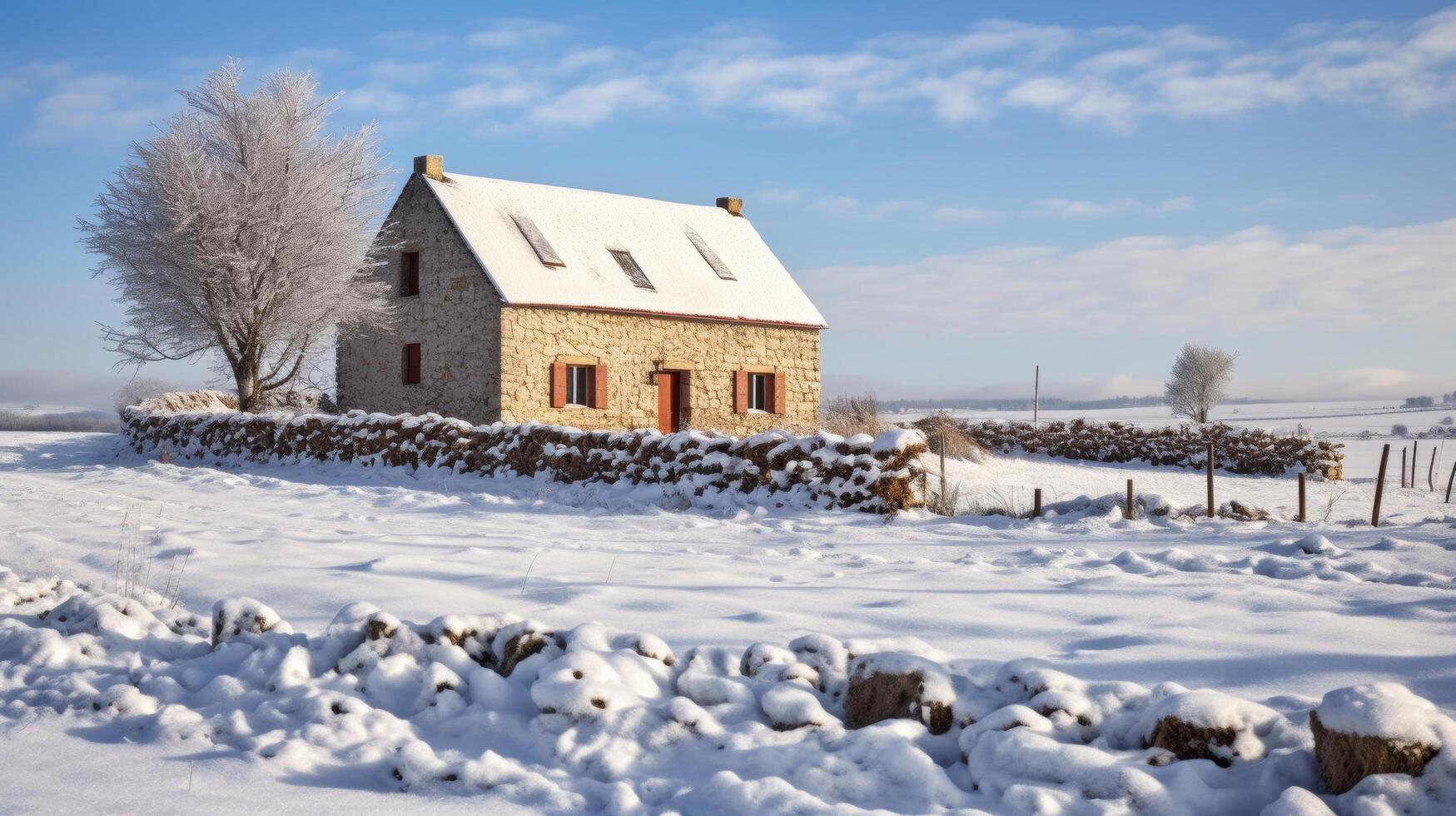 Snowy landscape stone house photo