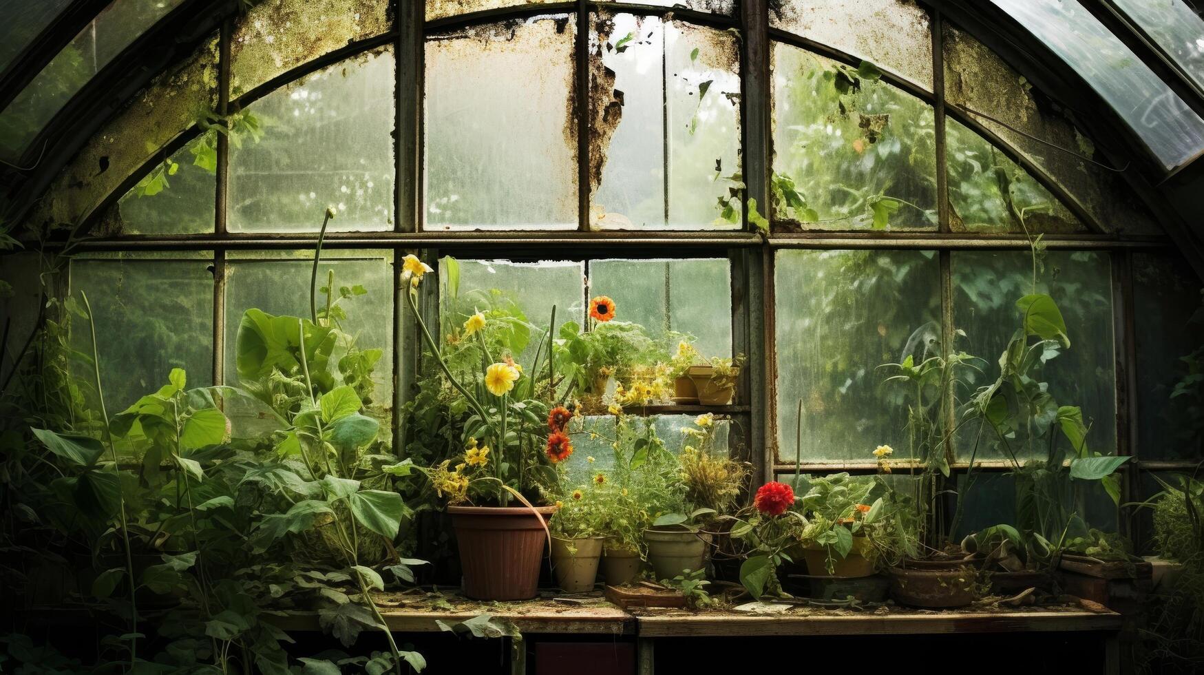 Decayed greenhouse window in disrepair photo