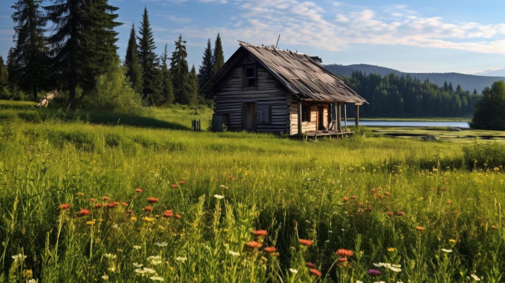 Envejecido cabina en el prado foto