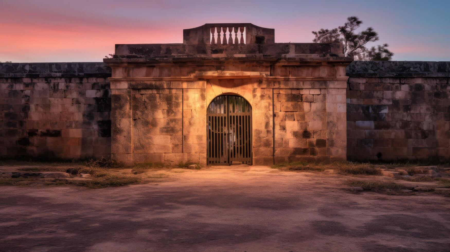 castillo portón iluminado por crepúsculo foto