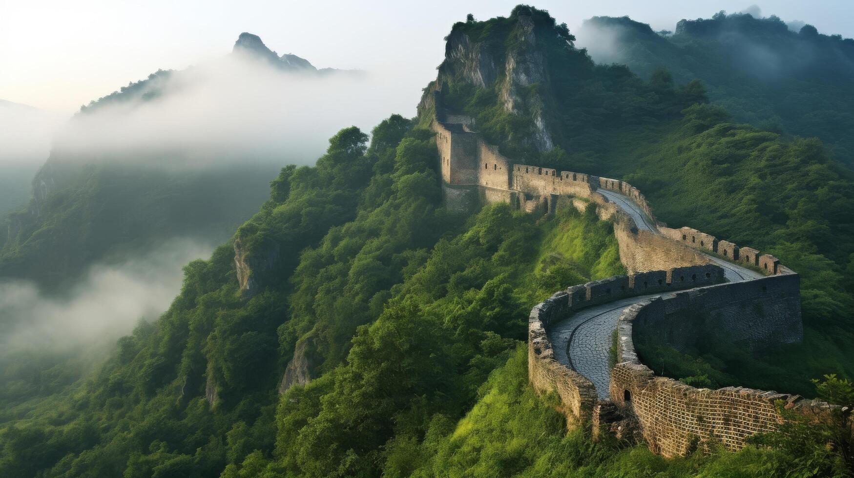 Fortification shrouded in morning mist at mountain pass photo