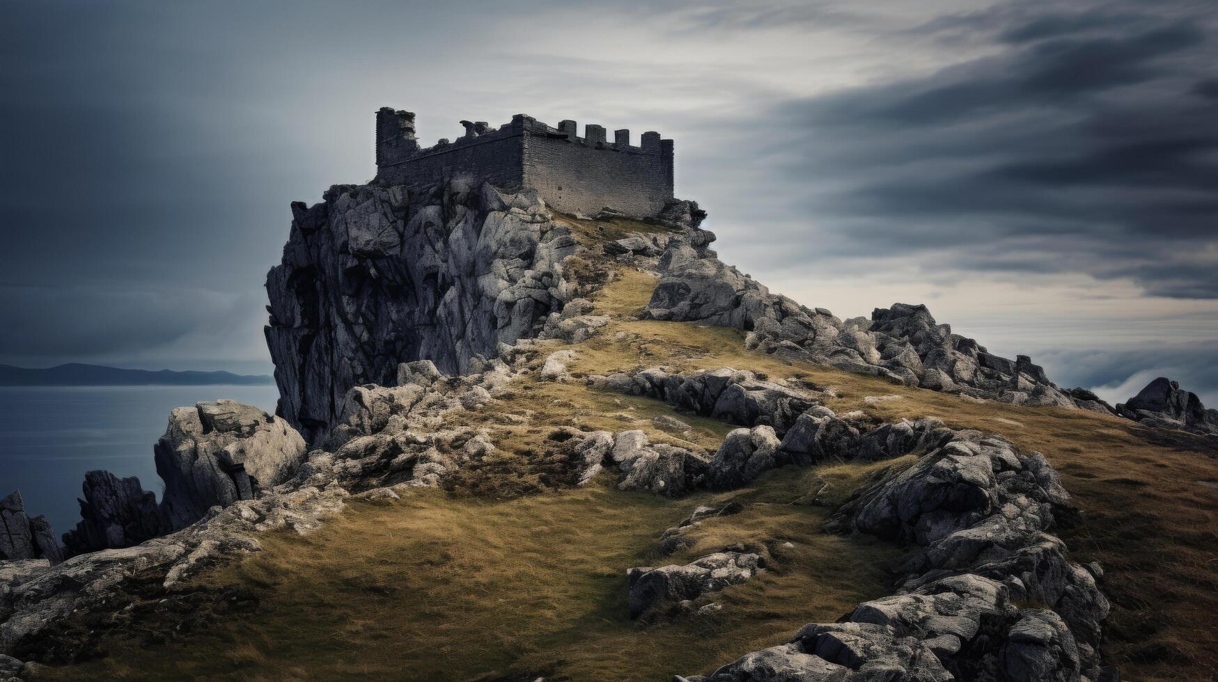 Lone castle situated on rocky outcrop photo