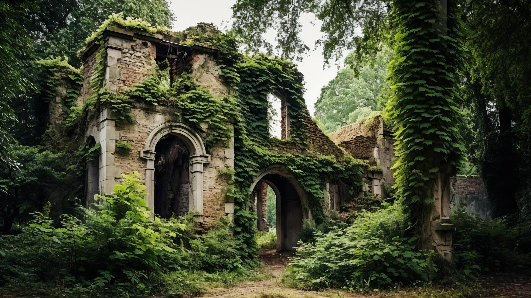 Overgrown ruins of a medieval manor house photo