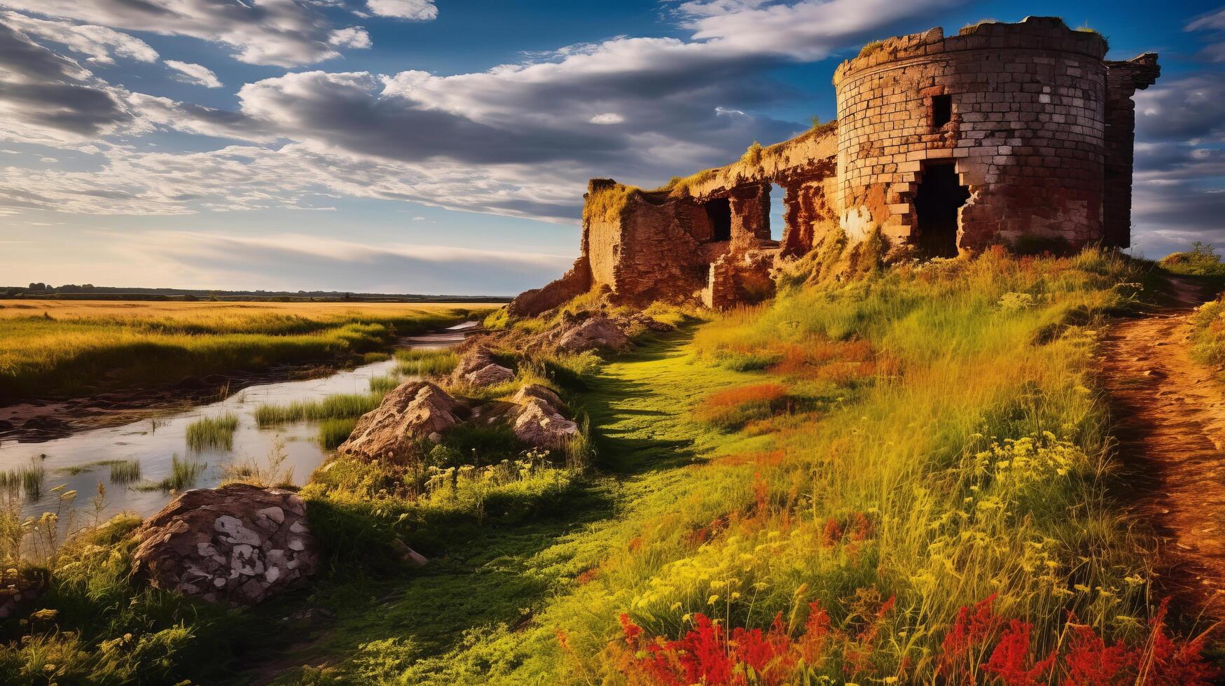 Solitary castle remnants in vivid countryside photo