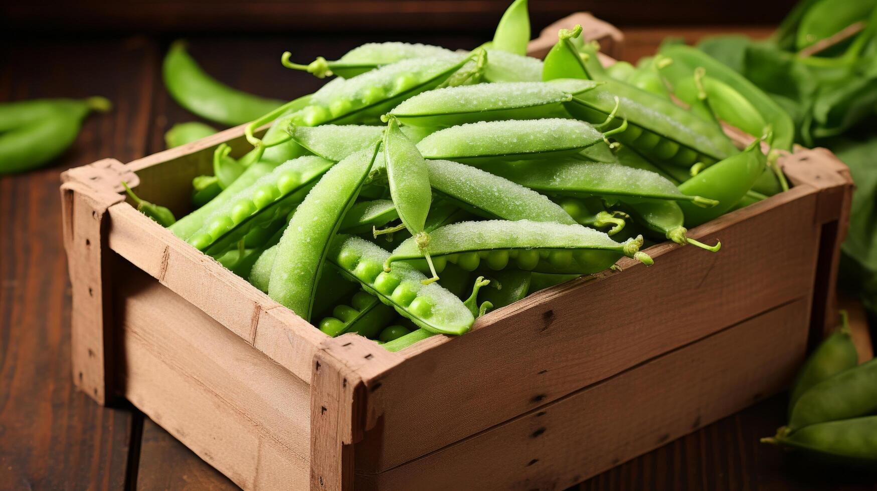 Wooden container holds purple beans photo