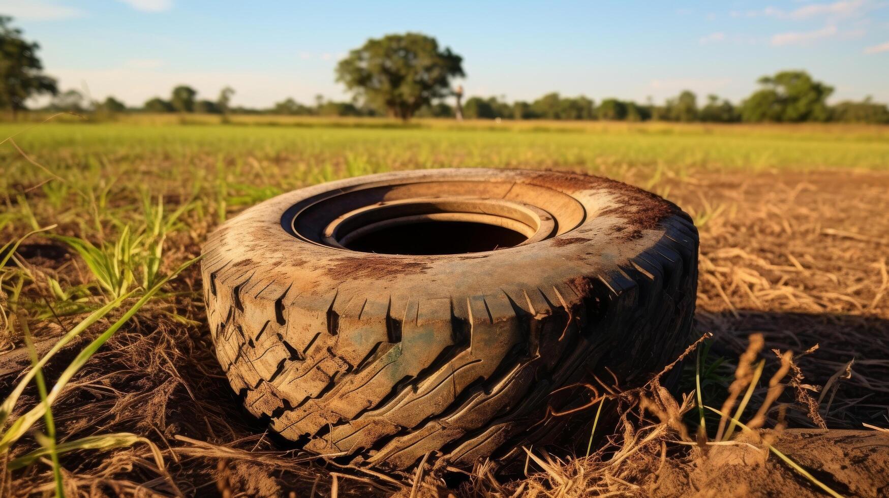 Rustic tire amidst open field photo