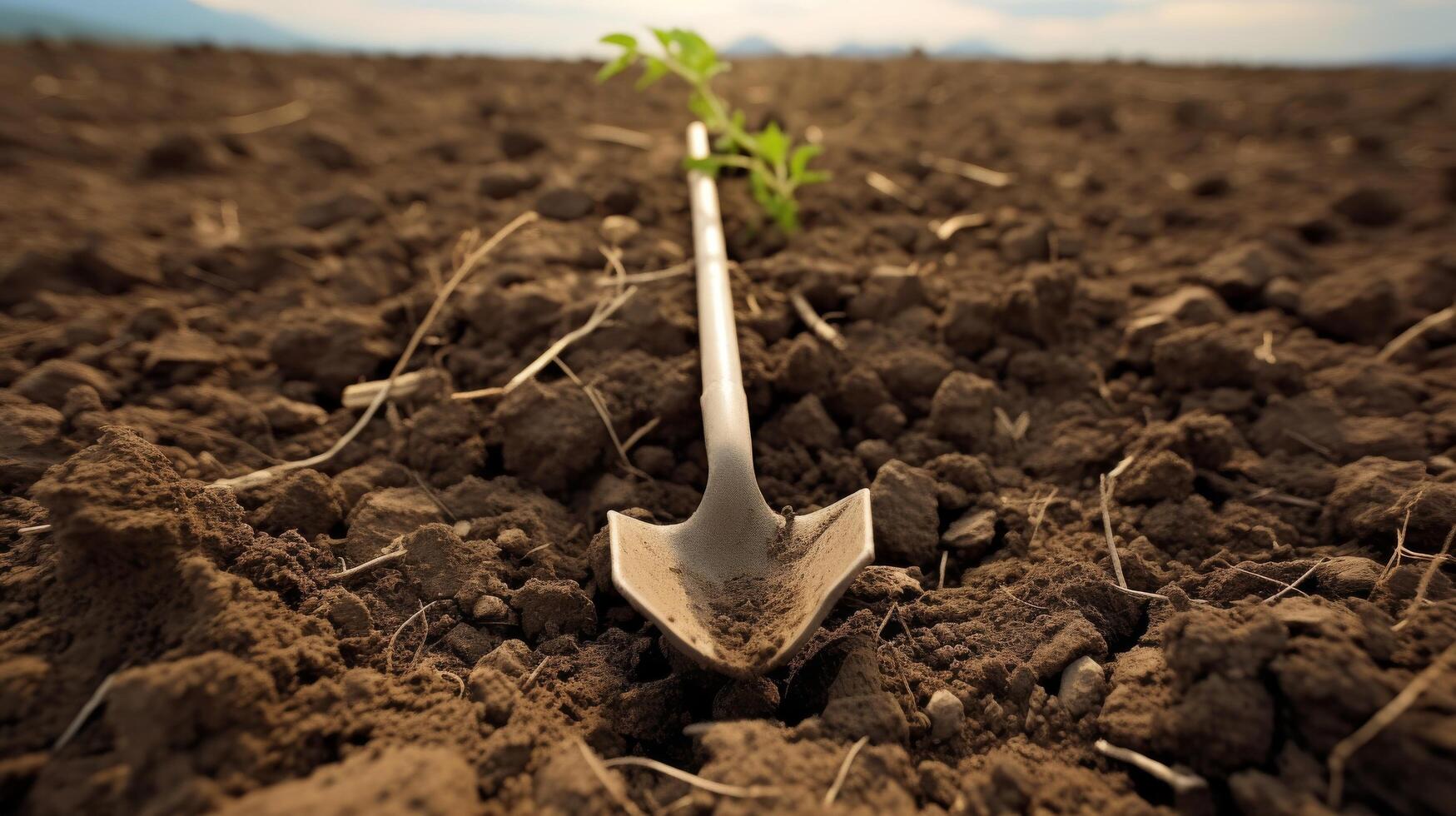 Single shovel upright in dry fissured ground photo